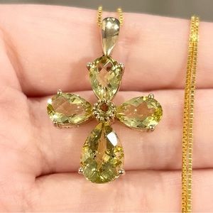 10K Peridot Quartz rose teardrop light green yellow gold Christian cross pendant
